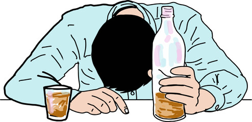 Cartoon of a young office worker who is drunk and stressed because he is working hard.