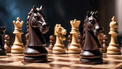 International chess day, a wooden knight chess piece on a chessboard with other chess pieces blurred in the background. The board features alternating dark and light squares with a glossy finish