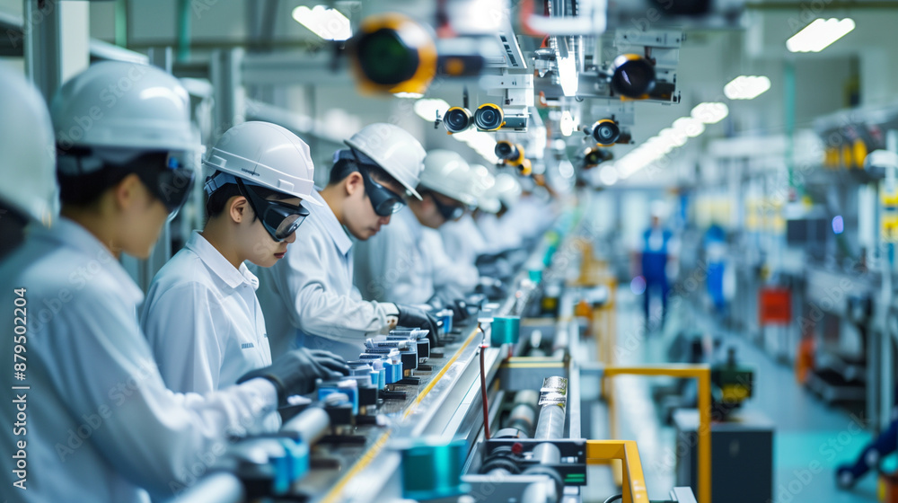 Poster a of a team of engineers examining products on the assembly line with the help of high-resolution ca