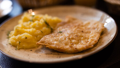 Tasty chicken fillet grilled in plate closeup