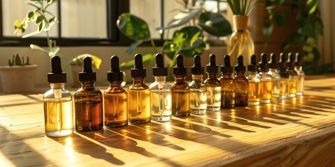 Row of amber glass bottles on wooden surface with sunlight.