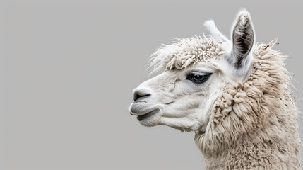 Obraz premium Cute and funny alpaca portrait on the right side of the image looking to the left on solid gray background with empty space