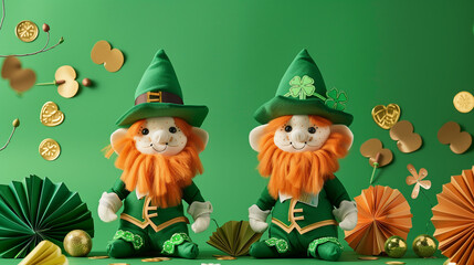 Naklejka premium St. Patrick's Day Leprechaun Decorations with Gold Coins and Green Background