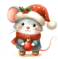 Watercolor painting of mouse christmas theme on​ white background