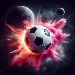 Fototapeta premium a photo realistic soccer ball as a planet in space with pink smoke and explosions, with 2 moons in the background, digital art