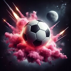 Fototapeta premium a photo realistic soccer ball as a planet in space with pink smoke and explosions, with 2 moons in the background, digital art