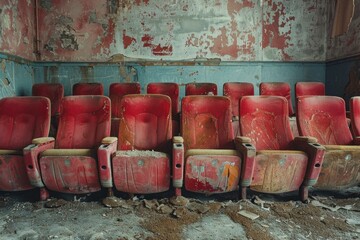 Rows of red seats falling apart in an abandoned theater, with peeling paint and a dirty floor