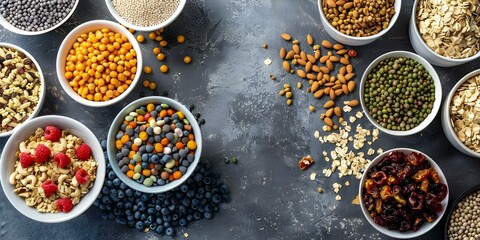 Assortment of superfood cereals in bowls on a concrete background. Concept Superfood Cereals, Breakfast Bowls, Concrete Background, Healthy Eating, Food Photography