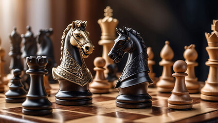 International chess day, a wooden knight chess piece on a chessboard with other chess pieces blurred in the background. The board features alternating dark and light squares with a glossy finish