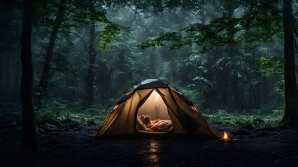 rain on the tent in the forest, tropic, quiet, calm, peaceful, meditation, camping, night, relax