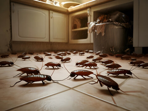 Grupo de cucarachas corriendo por el suelo de baldosas de la cocina
