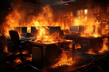 An office engulfed in flames, desks and computers burning fiercely.