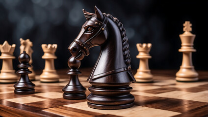 International chess day, a wooden knight chess piece on a chessboard with other chess pieces blurred in the background. The board features alternating dark and light squares with a glossy finish