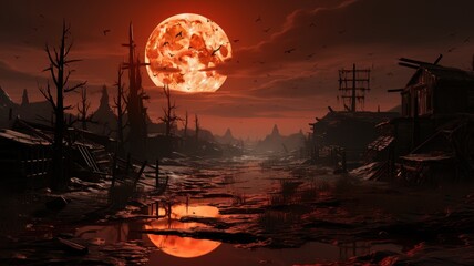 Eerie post-apocalyptic landscape with a massive orange moon reflecting in a desolate wasteland, showcasing haunting beauty and desolation.