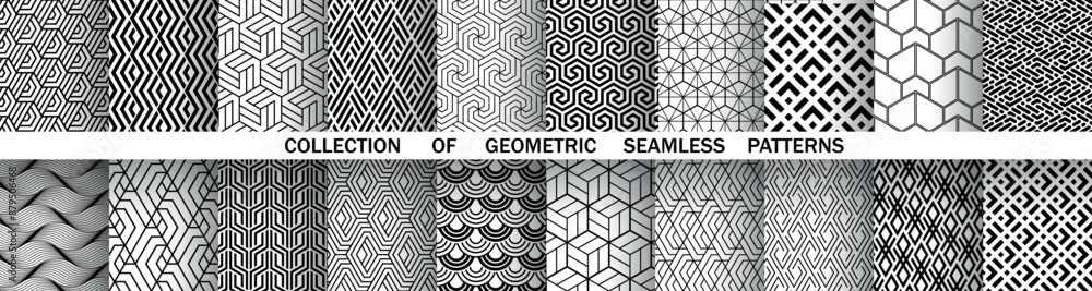 Poster Geometric set of seamless black and white patterns. Simple vector graphics.
