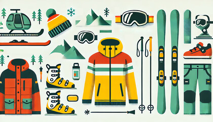 A flat style illustration of winter sports gear. Include a red and yellow ski jacket with a green face mask, a pair of yellow skis, ski poles