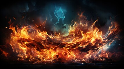 Vibrant flames against a dark backdrop create a dramatic and intense mood, perfect for backgrounds or thematic visual content.