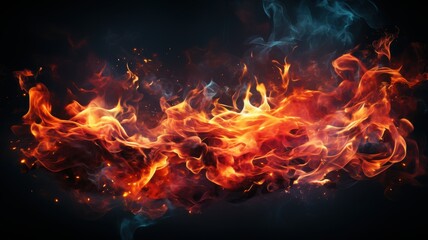 Vivid, dynamic flames with glowing hues of orange, red, and blue set against a dark background, embodying intense heat and energy.