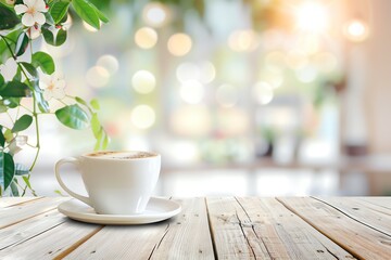 Fototapeta premium Coffee cup on a bright wooden table with a blurry cozy cafe, Mockup, Warm beverage