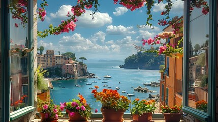A beautiful view of the sea from an open window with flowers and potted plants. There are also buildings on one side
