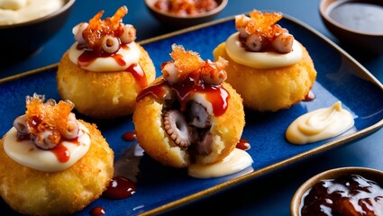 Takoyaki: Octopus-filled batter balls, topped with takoyaki sauce, mayonnaise, and bonito flakes.