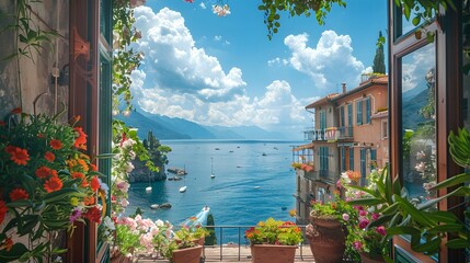 A beautiful view of the sea from an open window with flowers and potted plants. There are also buildings on one side