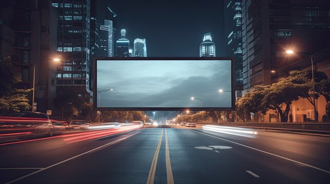 Blank Billboard on City Street at Night.