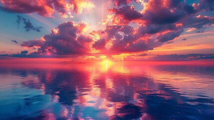 A breathtaking sunset over the ocean, with vibrant colors reflecting on calm waters and dramatic clouds in the sky. casting an enchanting glow upon everything below.