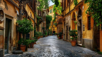 A charming cobblestone lane in the heart of Rome, Italy, framed by pastel-colored facades and cascading ivy. The architecture reflects the quintessential Italian style.