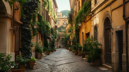 Obraz premium A charming cobblestone lane in the heart of Rome, Italy, framed by pastel-colored facades and cascading ivy. The architecture reflects the quintessential Italian style.