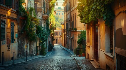 Fototapeta premium A charming cobblestone lane in the heart of Rome, Italy, framed by pastel-colored facades and cascading ivy. The architecture reflects the quintessential Italian style.