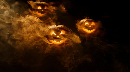 Fototapeta premium Scary Glowing Jack-O'-Lantern Emerging from Dark Smoke