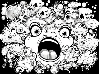 Black and White Cartoon Face with Big Mouth.