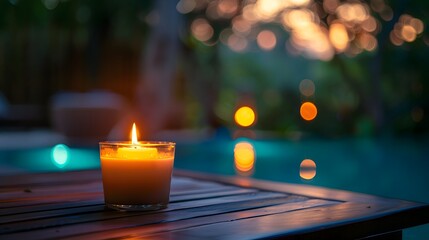 An elegant candle on the table, with a blurred background featuring a luxurious pool and spa in evening light.