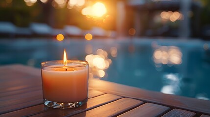 An elegant candle on the table, with a blurred background featuring a luxurious pool and spa in evening light.