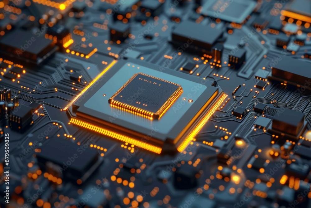 Poster modern cpu is illuminated in orange as it performs complex calculations on a circuit board