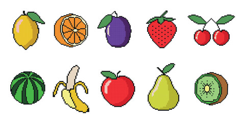 Pixel fruit icon set for games or mobile apps. Colorful pixel art, old style 8 bit icons. Vector illustration on white background. 