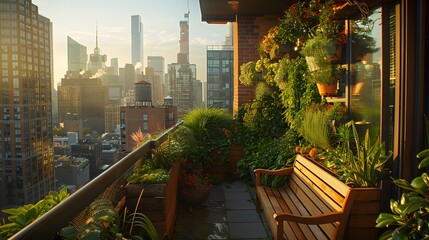 A compact urban garden on a high-rise patio, equipped with a small wooden bench, vertical plant walls, and a panoramic view of the downtown skyscrapers.