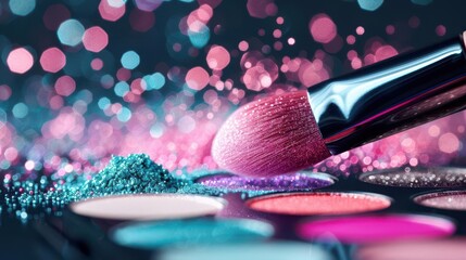 Design a unique backdrop background featuring neon colors and sparkling eyeshadow palettes,
