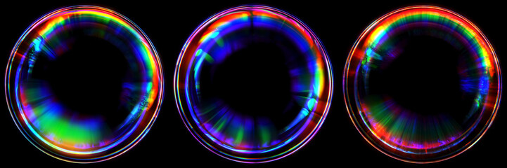 Set of colorful glass circle banners with glowing prism spectrum light refraction inside. Abstract glass balls in shape of round frames with rainbow light aberration effects for banner, poster, flyer