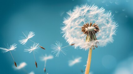 Obraz premium A dandelion flower blowing in the wind, with its seeds flying away against a blue sky background. A large area of the photo should be left blank on one side for text or design.