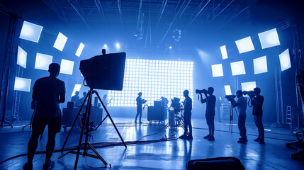 Silhouettes of film crew working on a movie set with modern lighting