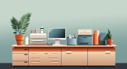 Minimalist Office Desk with Computer and Printer.