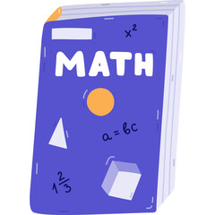 Cartoon closed school textbook on math, algebra, geometry. Cute kids academic book, literature, encyclopedia. Back to school supply for study, reading, learning. Hand drawn isolated illustration.
