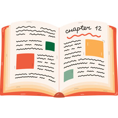 Fototapeta premium Cartoon open book with chapter and pictures. Cute concept of reading lovers, kids learning and study. Academic book, literature, encyclopedia. Back to school supply. Hand drawn isolated illustration.