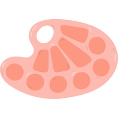 Cute cartoon painting palette for school lessons, hobby and artist work. Hand drawn drawing tool for paint with colours, oil, watercolor, acrylic paints. Vector clipart isolated on white background.