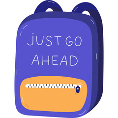 Cute cartoon kids schoolbag with pocket on zipper and lettering. Back to school stylish rucksack full of school supplies. Hand drawn backpack for children, students. Isolated childish illustration