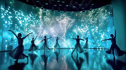 Silhouetted ballet dancers perform on stage with vibrant digital light display in background