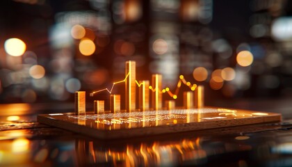 Illuminated 3D bar graph and line chart on tablet against blurred cityscape, representing financial data and analytics in technology.