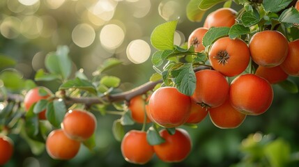 A cluster of ripe persimmons hangs from a persimmon tree, their orange color contrasting beautifully with the greenery
